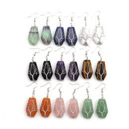 Pierre Naturelle Cristal Agate Dangle Boucles D'oreilles Wrap Arbre de Vie Lucky Treature Cercueil Forme Charmes Boucles D'oreilles En Gros Femmes Bijoux