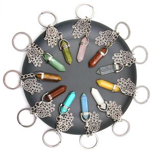 Porte-clés en pierre naturelle cristal, support de sac à main, colonne hexagonale, amulette de paume, Agates oeil de tigre, opale, Quartz rose