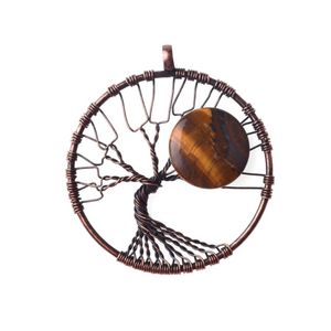 Pierre naturelle design lune bronze arbre de vie pendentif rond pierre culbutée ligne enveloppé collier bijoux cadeau femme fille DIY334e