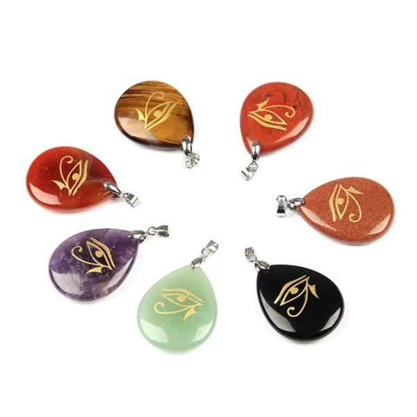 Collier pendentif Aura en pierre naturelle en forme de goutte gravé dieu solaire égyptien oeil d'horus symbole Reiki accessoire à suspendre améthyste Rose 2618