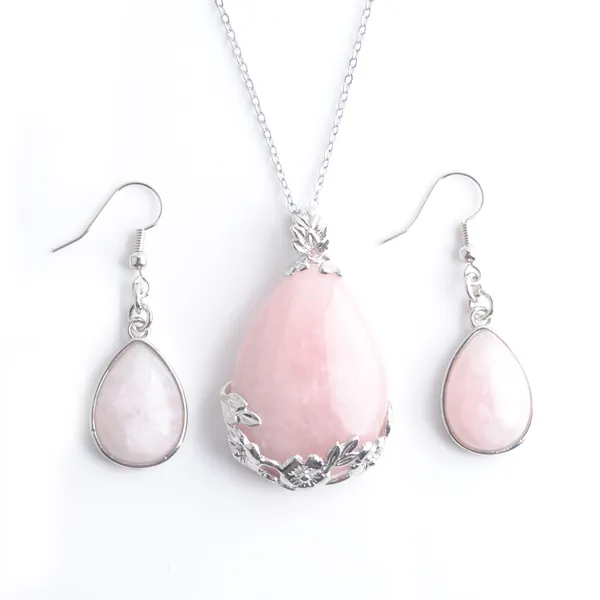 Boucles d'oreilles en pierre naturelle chaîne collier larme Rose Quartzs Dangle pendentif ensemble de bijoux pour femmes fille comme cadeau Q3077