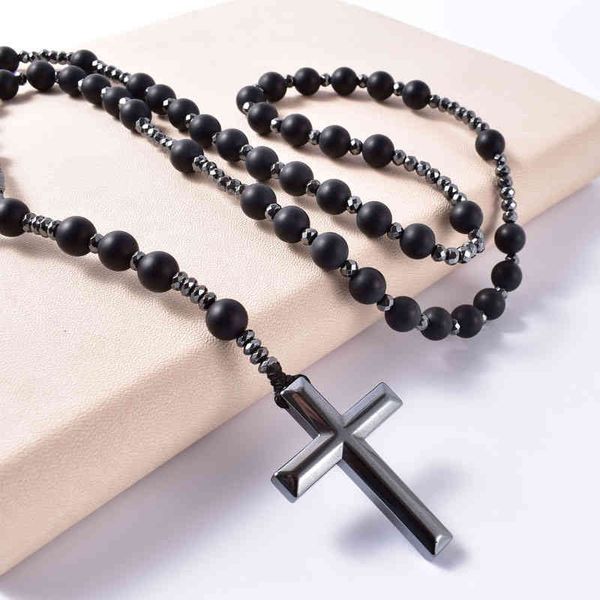 Pierre naturelle givrée noir Onyx catholique Christ chapelet colliers avec hématite croix pendentif hommes collier méditation bijoux