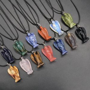 Pierre naturelle Gem Sculpté Ange Pendentif Rose Quartz Cristal Jade Onyx Perle Collier Guérison Gardien Bijoux pour femmes Hommes Corde Chaîne