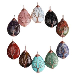 Piedra natural Curación Cristal Árbol de la vida Encantos Gota de agua Colgantes Cuarzo rosa Alambre de cobre Envuelto Joyería de moda Fabricación de collares al por mayor