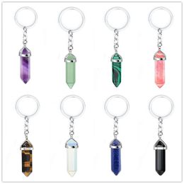 Porte-clés à prisme hexagonal en pierre naturelle, cristal rose de guérison, décoration de voiture, porte-clés pour femmes et hommes, bijoux