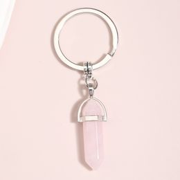 Pierre naturelle prisme hexagonal porte-clés porte-clés guérison opale rose blanc cristal voiture décor porte-clés pour femmes hommes