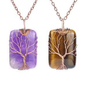 Natuursteen Life Tree Hanger Ketting Rechthoek Crystal Stone Ketting Creatieve Gift Mode Accessoires