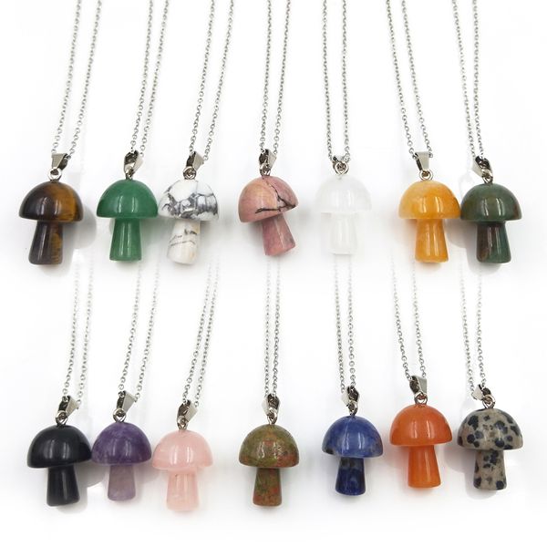 Pierre naturelle Multi Couleurs Mignon Forme De Champignon Pierres Précieuses Naturelles Pendentif Collier Améthyste Howlite Obsidienne Rose Quartz Colliers pour femmes bijoux