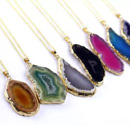 Collier pendentif en pierre naturelle pendentifs à breloques Onyx tranche multicolore irrégulière pendentif en pierre de cristal d'agat naturel colliers à faire soi-même