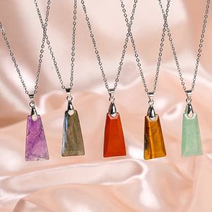 Natuursteen hanger trapeziumvorm veilig geluk tag rozenkwarts Amazoniet tijgeroog Lapsi roze kristal kettingen voor vrouwen sieraden cadeau