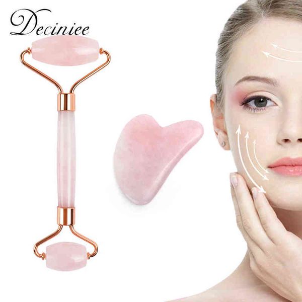 Rodillo facial de cuarzo rosa de piedra natural Juego de raspador Gua Sha Estiramiento facial Eliminación de arrugas Masajeador de jade para cuello trasero 220429