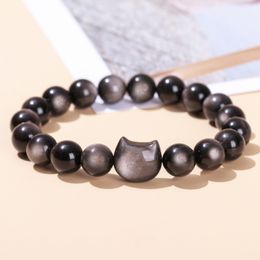 Natuursteen zilveren obsidiaan kralen armband goud obsidiaan kat charme kralen edelsteen armbanden mode-sieraden groothandel