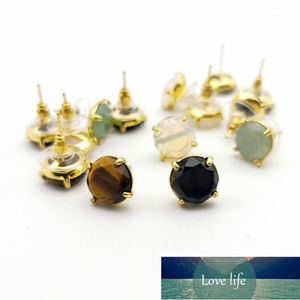 Natuursteen Stud Oorbellen Ronde Roze Crystal Quartz Gem Beads Gold-Color Simple Earring for Women Girl Charm Jewelry1