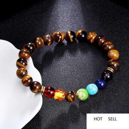 Piedra natural ojo de tigre 7 chakras pulseras brazaletes yoga equilibrio cuentas buda oración pulsera elástica hombres mujeres joyería regalo