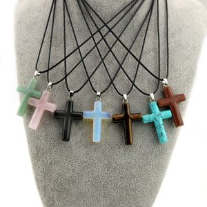 Natuursteen Tijger Eye Cross Quartz Hanger Chakra Ketting Lederen Roestvrijstalen Ketting Opaal Blauw Roze Kristallen Ketting