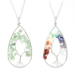 Natuurlijke stenen boom van het leven Water Drop hanger ketting 7 chakra's kleurrijke kwarts kristallen trui keten sieraden voor vrouwen bruiloft