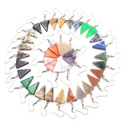 Natuursteen Driehoek Vorm Dangle Earring Healing Reiki Kralen Vrouwen Mode Eenvoudige Roestvrij Staal Kristallen Oorstekers