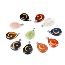 Pierre naturelle forme de goutte d'eau Aura pendentif collier gravé étoile islamique lune Reiki symbole motif pendentifs guérir cristal suspendus283z