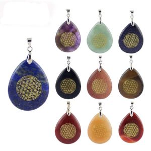 Natuursteen Waterdrop Shape Aura Hangers Ketting Gegraveerd Flower Of Life Reiki Symbool Creative Amulet Hanger Healing Crystal