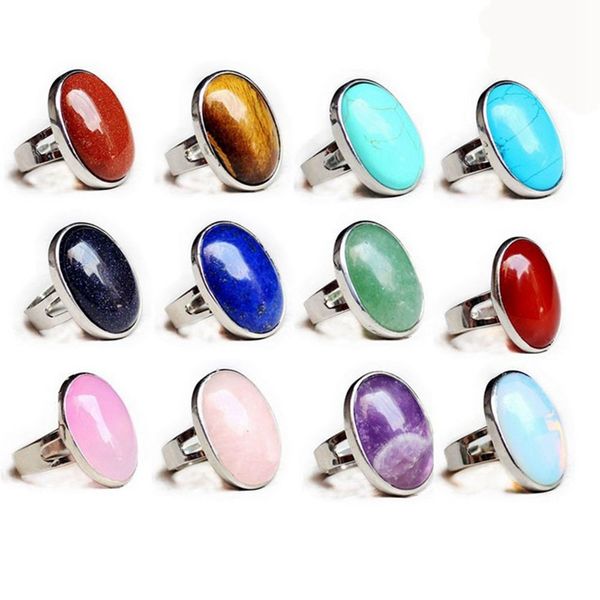 Piedras naturales anillos de aleación ajustables con incrustaciones ovaladas amatista cuarzo rosa ópalo lapislázuli anillos de cristal creativos amantes hombres mujeres moda encanto Reiki Heal joyería