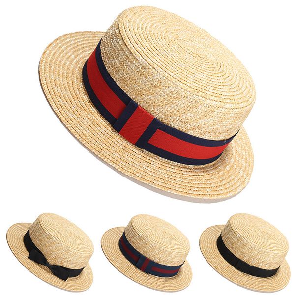 Chapeau de paille naturel tissage chapeaux de plaisancier le long du ruban plateau plat hatte herbe tresse tissée à la main, voyage de voyage de protection solaire de la plage