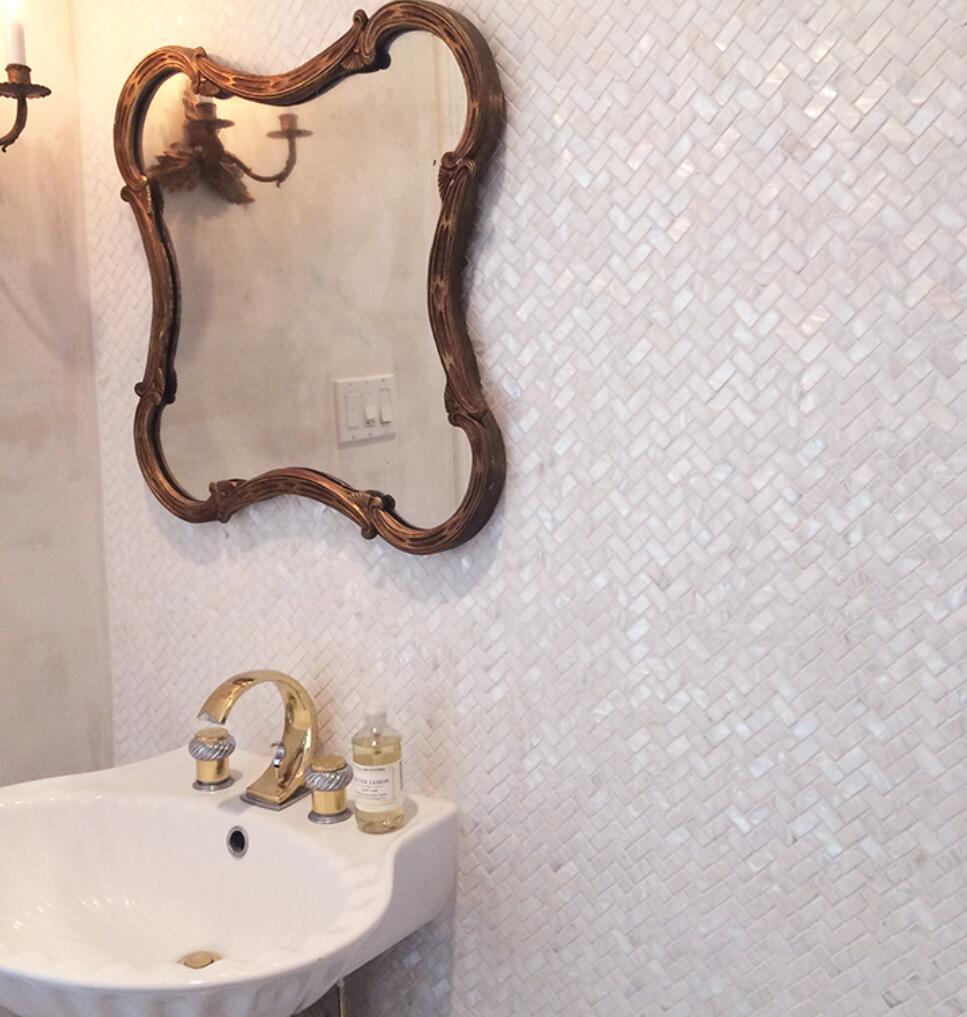 Azulejo de cocina de mosaico de concha de perla súper blanca Natural arreglo de espiga azulejos de pared de fondo de baño