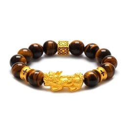 Bracelet d'œil de tigre naturel bracelet Gold plaqué 3D Pixiu Bracelet chinois Feng Shui et femmes039 bijoux9605169