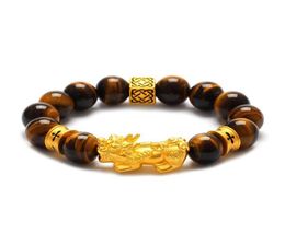 Bracelet d'œil de tigre naturel Bracelet Gold plaqué 3D Pixiu Bracelet chinois Feng Shui et femmes039 bijoux2793318