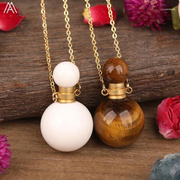 Oeil de tigre naturel blanc Tridacna pierre ronde huile essentielle bouteille de parfum pendentif femmes cristal diffuseur or collier bijoux 1264d