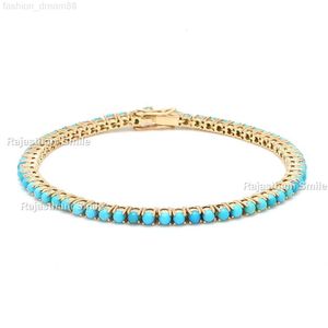 Pulsera de tenis de piedras preciosas de corte redondo de oro amarillo macizo de 14 quilates con turquesa natural, tamaño de piedra de 2,5 mm