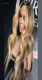 Perruques de cheveux humains avant de lacet vague naturelle pré plumées Ombre miel blond brun reflets perruque malaisie Remy 55 soie haut dentelle perruques1525919