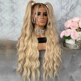 Natural Wave Ombre Blonde Transparent Lace Front Perruques de cheveux synthétiques pour les femmes blanches 180Density 26Inch Long Glueless Wigs Colored