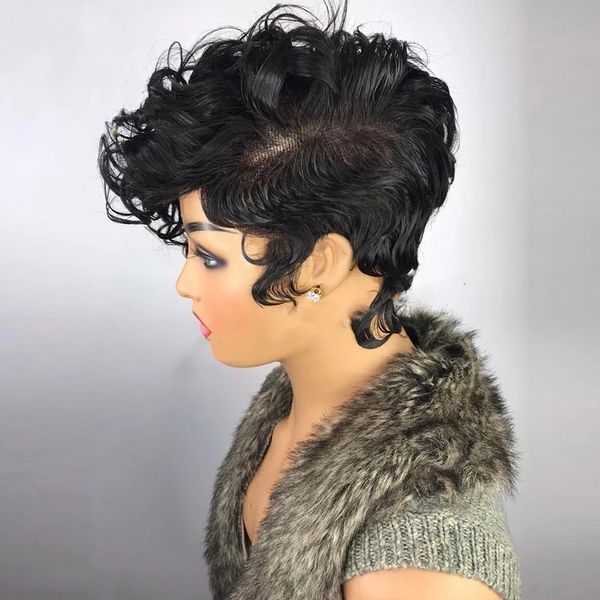 Naturel ondulé bouclés court coupe de lutin perruques de cheveux humains 180 densité brésilien aucun pleine perruque avant de lacet avec une longue frange pour les femmes noires