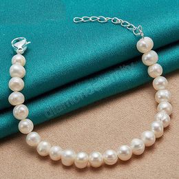 Pulsera de perlas blancas naturales de 8mm, hebilla de plata de ley 925 para mujer, abalorio para boda, compromiso, joyería para fiesta