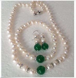 Perle d'Akoya blanche naturelle/pierres précieuses de jade vert collier Bracelet boucles d'oreilles ensemble/T3