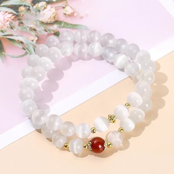 Pulseras de hilo de 2 capas de piedra de ojos de gato blanco Natural para mujer, cuentas redondas de diseño a la moda, joyería de Yoga creativa elástica para regalo