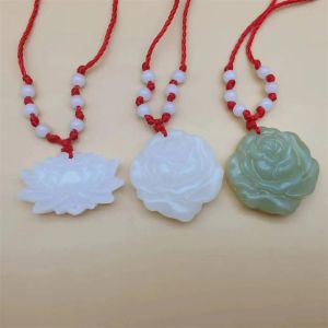 Natuurlijke witte groene gesneden Rose Flower Lotus Lucky Jade hanger handgemaakte amulet ketting charme geschenken sieraden