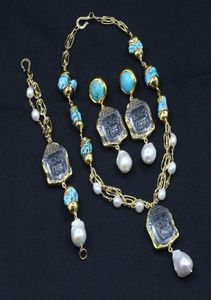 Natural White Pearl Gold Electroplated Turquoise Clear Quartz Bouddha Head Pending Collier Boucles d'oreilles Bracelet 4239789