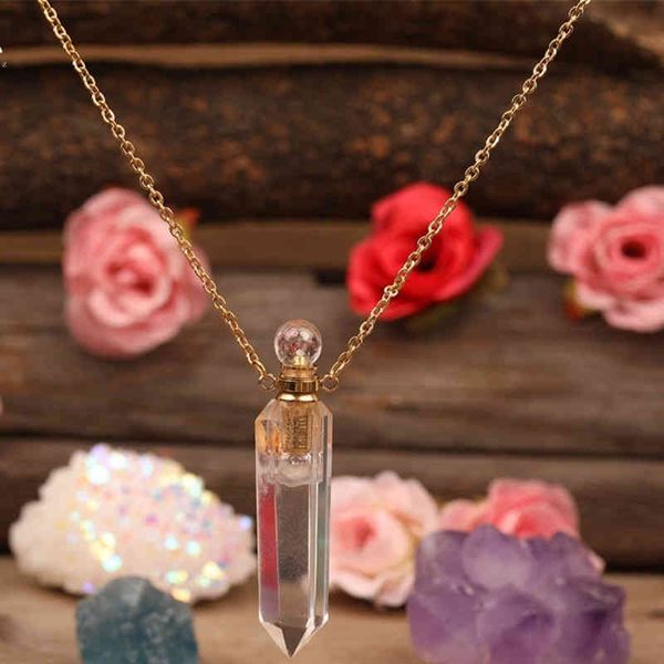 Quartz blanc naturel Point bouteille de parfum pendentif facettes or cristal diffuseur d'huile essentielle pour les femmes bijoux de guérison