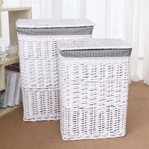 Panier de rangement pour vêtements sales en osier naturel Seau de rangement pour linge en maille avec couvercle Organisateur domestique de grande capacité en rotin tissé T299K