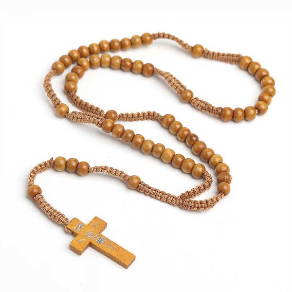Perles en bois naturel Collier de perles chrétiennes Collier de croix tissée à la main