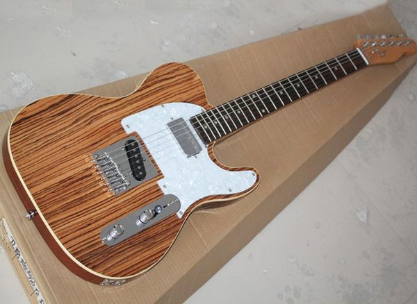 Guitare électrique de couleur bois naturel avec placage en bois de zèbre, touche en palissandre, Pickguard blanc nacré, offrant un service personnalisé