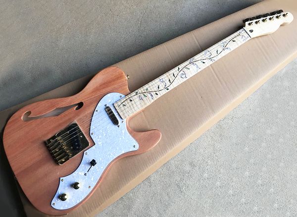 Guitarra eléctrica de caoba semihueca de color madera natural con mástil de arce flameado, diapasón de palisandro, se puede personalizar