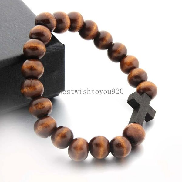 Pulseras de cuentas cruzadas de madera natural para hombres Mujeres Hechas a mano clásica unisex 10 mm Beeds de madera hilos de colgante de roca de roca de roca de hiphop de hip hop regalos de joyería