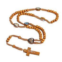 Natuurlijke houten hand geweven houten kralen Jeruzalem katholieke religieuze sieraden kruis Jezus kralen ketting