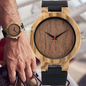 Natuurlijk houten horloge voor mannen Mens Blue Echt lederen kwarts houten kast mannelijke polshorloge echte houten pols horloges bruine mode cloc254f