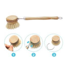 Natural Wooden Long Handle Pan Pot Brush Dish Bowl Washing Cleaning Brush Heads Household Kitchen Cleaning Tools DH9511