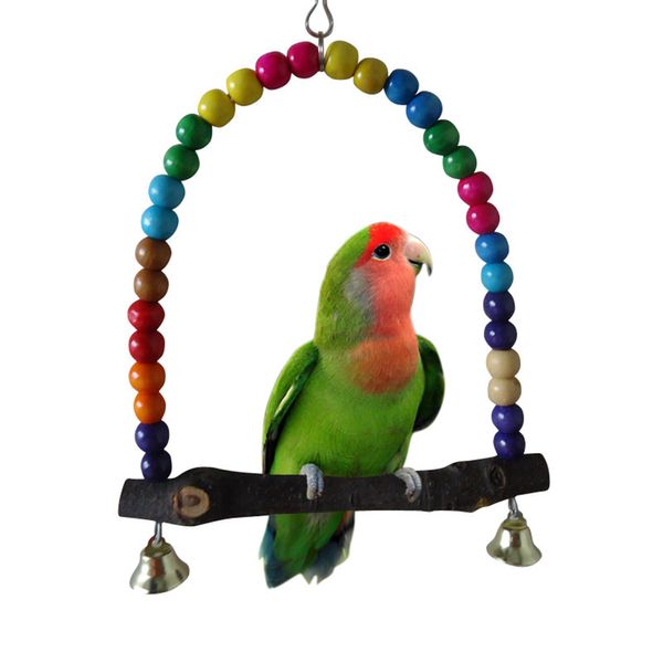 Columpio de madera Natural para loros, pájaros de juguete, cuentas coloridas, suministros para pájaros, campanas, juguetes, columpios colgantes, jaula para mascotas 288b