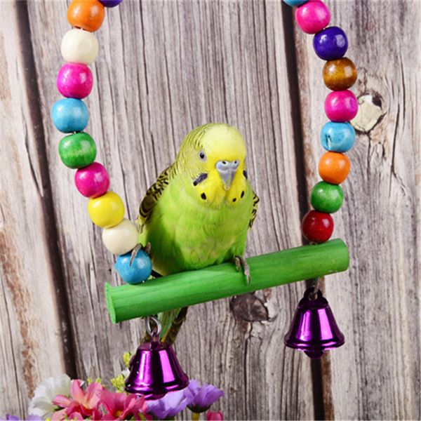 Perroquets en bois naturel balançoire jouet oiseaux perles colorées fournitures d'oiseaux cloches jouets perche suspendus balançoires Cage pour animaux de compagnie yq01051
