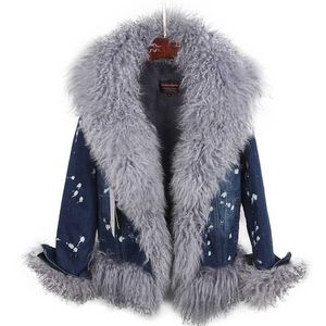 Laine naturelle doublée d'un manteau en denim à col en fourrure de luxe hiver décontracté veste courte à la mode chaude 211008